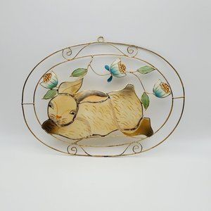 Vintage Hand Painted Bunny on Capiz Shell Wall Hanging 9" x 7" Easter